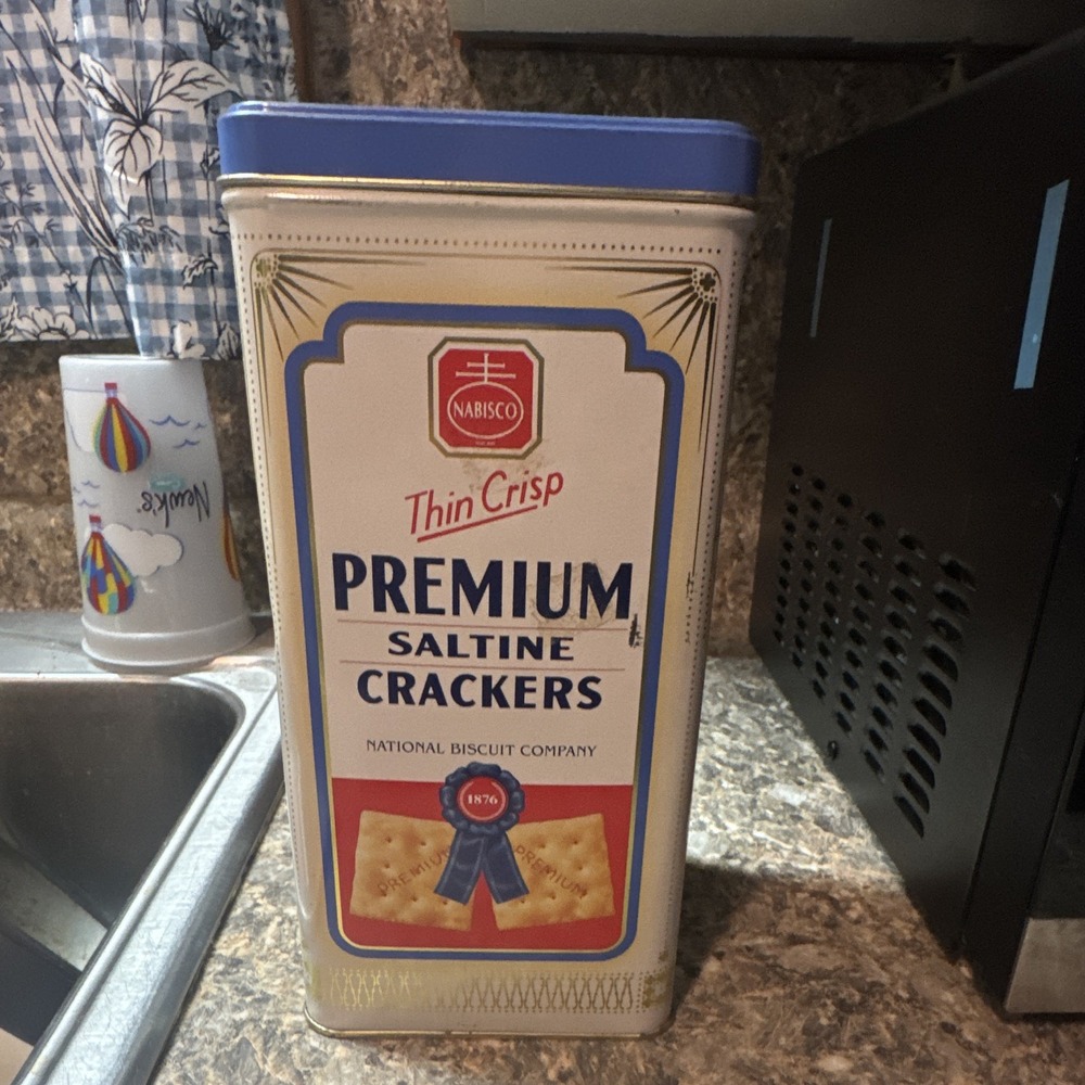 Nabisco Premium Saltine Crackers Collectible Tin Canister Blue/White 1876 Repro
